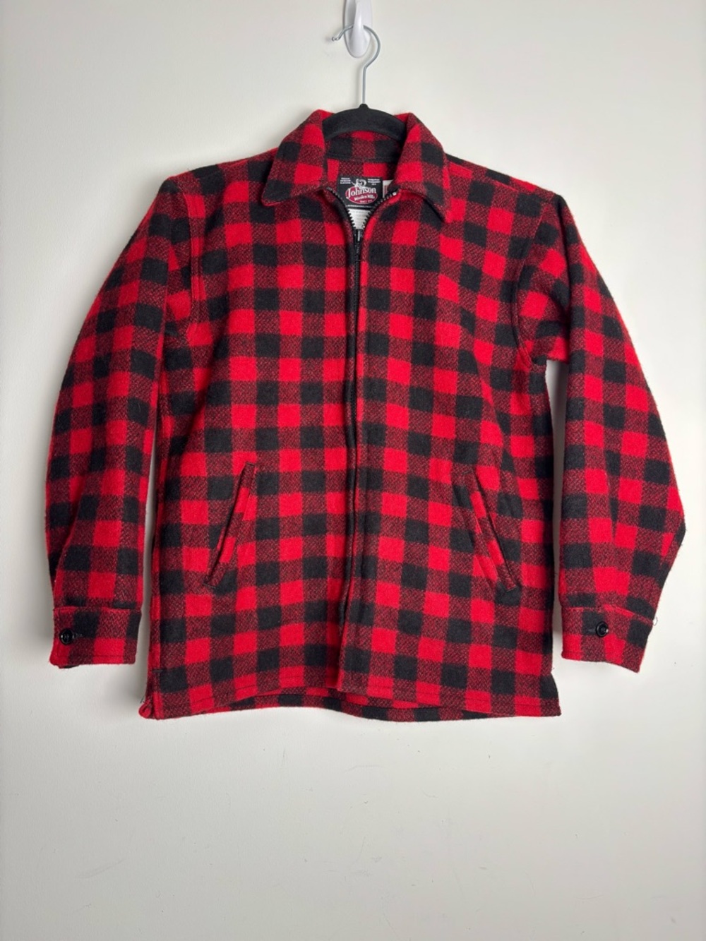 Johnson Woolen Mills Youth Jacket Size 12 Kids Zip Buffalo Check Red Vermont USA
